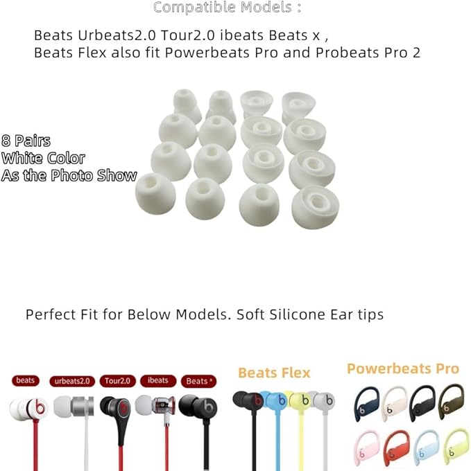 Replacement Ear Tips for Beats Urbeats2.0 Tour2.0 ibeats Beats x, Beats Flex Secure Fit for Powerbeats Pro Silicone Earbuds Washable Sweat-Resistant Noise Isolation 8 Pairs (White)