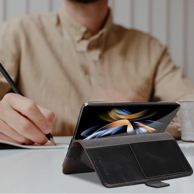 KEZiHOME for Samsung Galaxy Z Fold 4, Genuine Leather Wallet Case [RFID Blocking] with Card Holder Flip Folio Kickstand Magnetic Case Compatible with Samsung Z Fold 4 5G(Black/Brown)