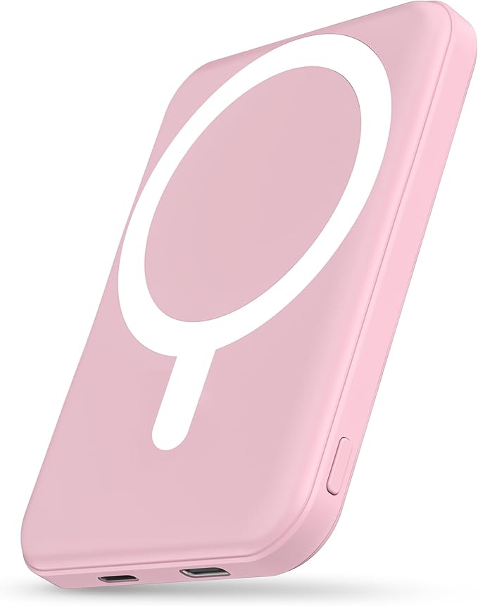 podoru for Magsafe Battery Pack, 5000mAh Magnetic Power Bank with Type-C Cable 20W PD Fast Charging Lighting Input Wireless Portable Charger for iPhone 16/15/14/13/12/ All Series-Pink