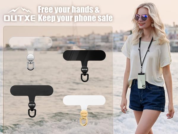 OUTXE Phone Tether Tab Rotatable 360°, 4 Pack TPU Phone Lanyard Patch for Phone Strap Compatible iPhone & Other Cell Phone Black