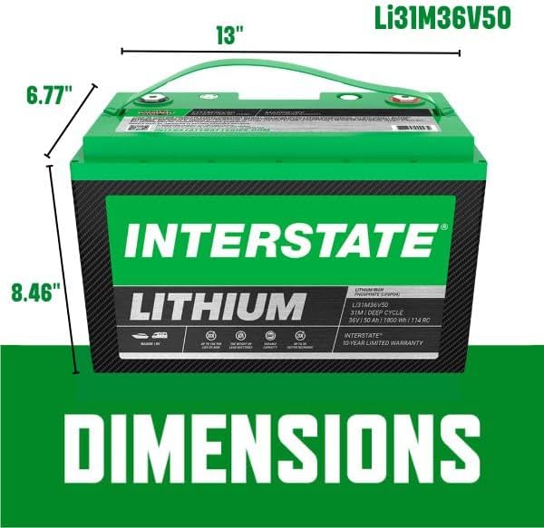 Interstate Batteries 36V 50Ah Group Size 31M Lithium Marine/RV Deep Cycle LiFePO4 Battery, Maintenance Free, Lightweight, Ideal For Boats, Trolling Motors, RV Camping, Off-Grid, Yachts (Li31M36V50)