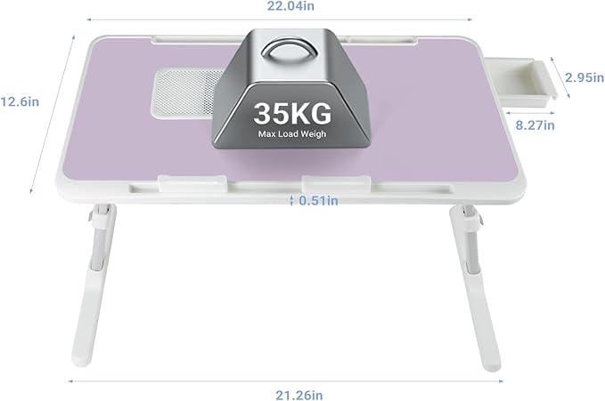 Laptop Lap Desk Include Cooling Fan,Adjustable Lap Desk with Light Fan,Folding Laptop Desk for Bed with USB,Bed Desk with Storage Drawer 56x32cm,Purple