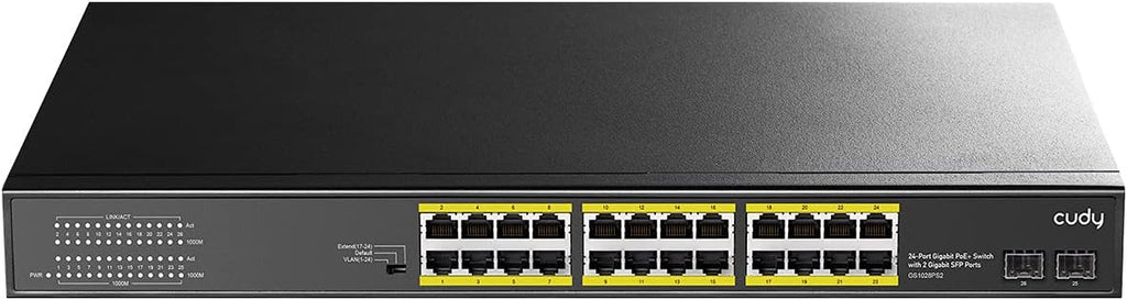 Cudy 24 Gigabit Ethernet Unmanaged PoE+ Switch, 300W, 24 * 100/1000Mbps PoE+ Ports, 2 Gigabit SFP, CCTV / VLAN Mode, 19-inch Rackmount, 802.3af/at, GS1028PS2