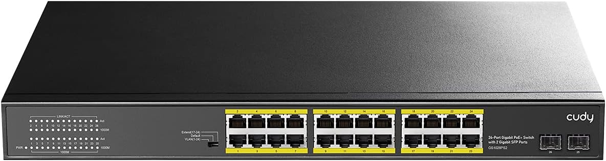 Cudy 24 Gigabit Ethernet Unmanaged PoE+ Switch, 300W, 24 * 100/1000Mbps PoE+ Ports, 2 Gigabit SFP, CCTV / VLAN Mode, 19-inch Rackmount, 802.3af/at, GS1028PS2