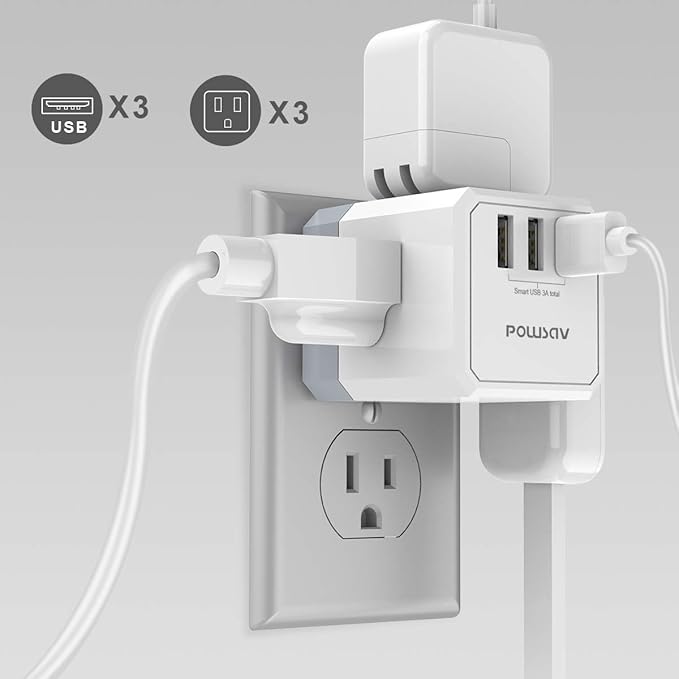 3-Outlet USB Wall Charger and Extender with 3-Way Splitter, ETL Listed - for Home, Office, Cruise Ship