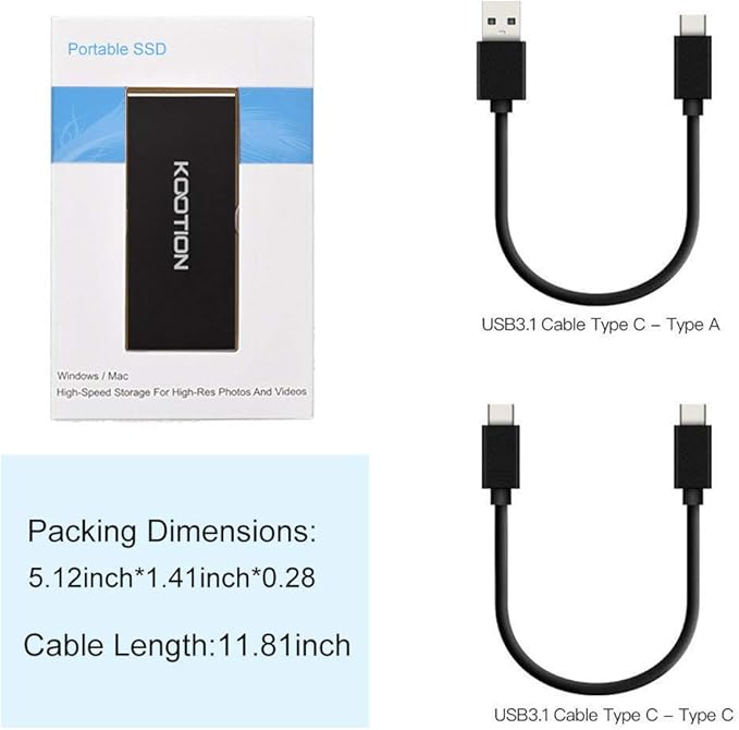 KOOTION 1TB External SSD Hard Drive USB 3.1 Type-c Ultra-Slim Portable Solid State Drive 1TB, Read up to 500MB/s & Write up to 450MB/s
