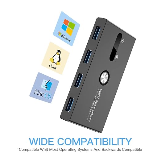 USB Switch, USB 3.0 Switcher 2 Computers Share 4 USB for PC Mouse Keyboard Printer Scanner, USB KVM Switch Selector Compatible with Windows, Mac, Linux