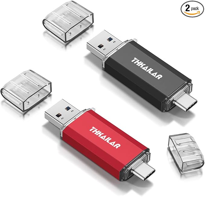 Thkailar 2 Pack USB C Flash Drive 64GB 2 in one OTG USB 3.1 Thumb Drive,Memory Stick for Business Traveler Works,Compatible with Computers,MacBook Pro,Android Phones(Black&Red)