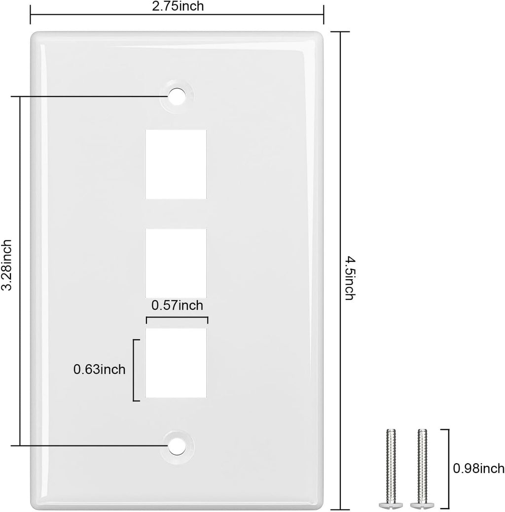 FGB 3-Port Keystone Wall Plate 20-Pack, Low-Profile Single Gang Wall Plates for RJ45, HDMI, and Coax Keystone Inserts, White
