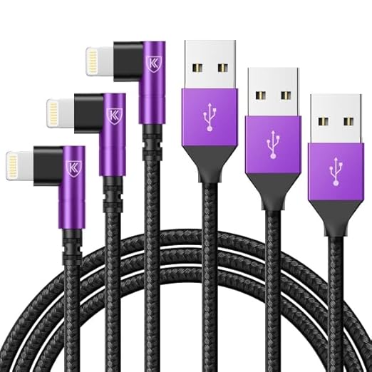 KIYODA iPhone Charger Cable 6ft, 3 Pack Lightning Cable, 90 Degree Nylon Braided Gaming Charging Cord, USB to Lightning Cable Compatible with 13 12 11 Pro XS MAX XR X 8 7 6S Plus SE iPad iPod, Purple