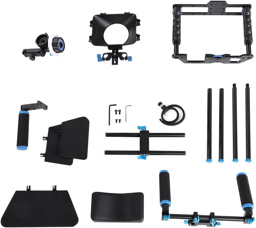 Shoulder Rig Stabilizer Kit, Aluminum Alloy Camera Stabilizer Cage with Top Handle Follow Focus Rods Shoulder Rig 1/4 3/8 Screw