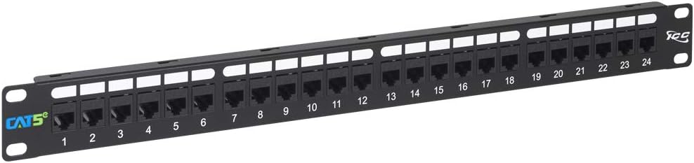 ICC CAT5e Feed-Through Patch Panel, 24 Port, 1U Rackmount, RJ45 Ethernet Patch Panel, No Punch Down, PoE++ and TAA Compliant, Black