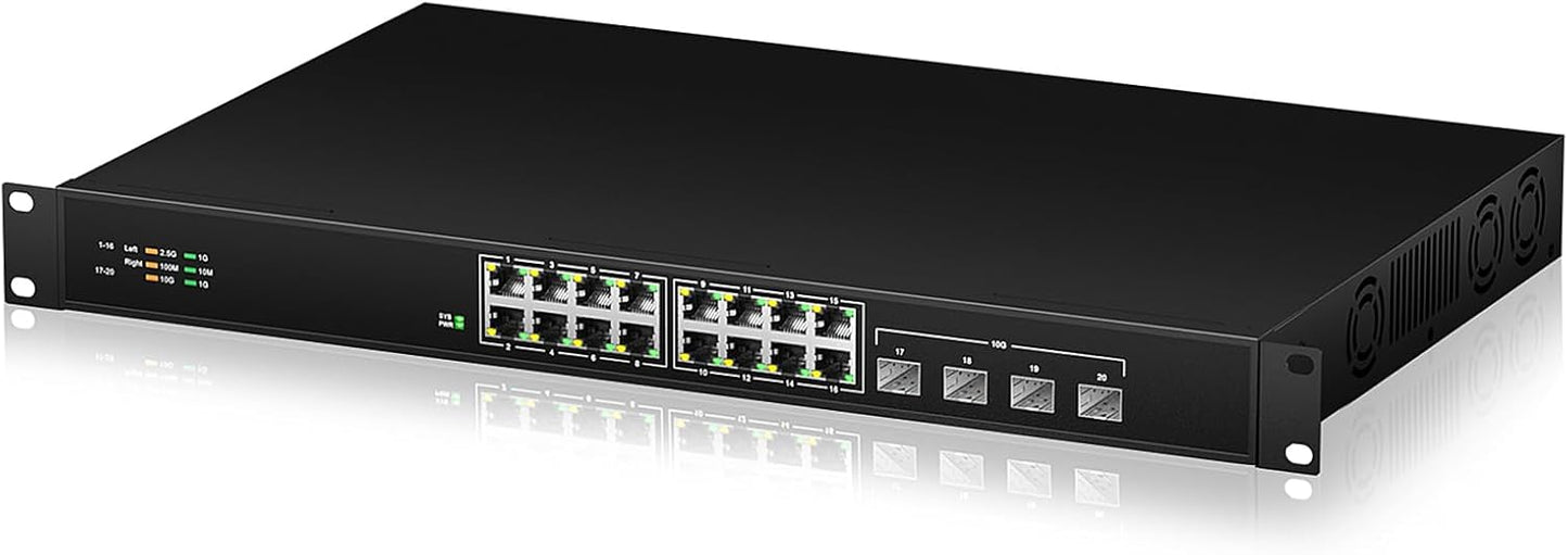 16 Port 2.5G Network Ethernet Switch, 16 x 2.5Gb RJ45 Ports, 4 x 10G SFP Slots, 240Gbps Switching Capacity, Desktop or Rack Mount/Metal Case/Fan Cooling/Plug and Play Unmanaged