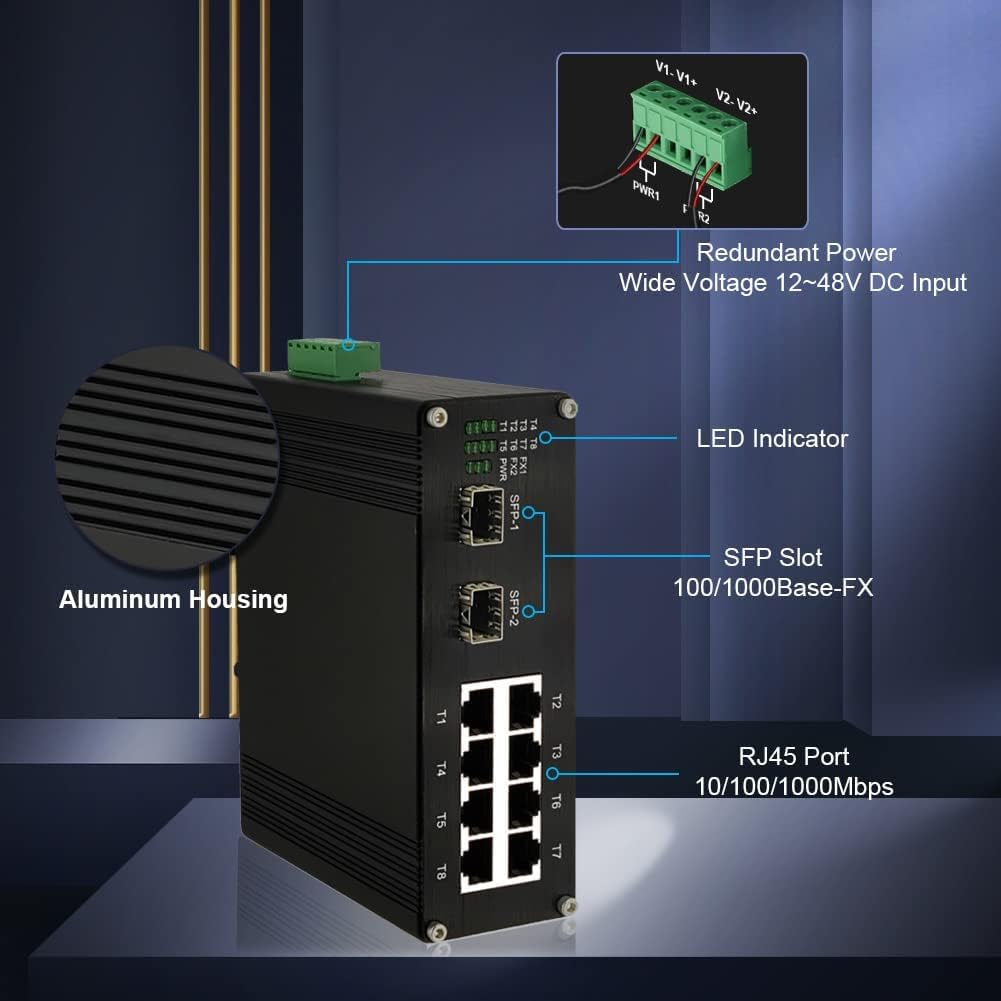 Industrial 8-Port Gigabit Ethernet Switch DIN Rail/Wall-Mount 8 port RJ45 10/100/1000Mbps Unmanaged DIN-Rail Switch Hardened 10 Ports Ethernet Fiber Switch with 2 SFP Fiber ports