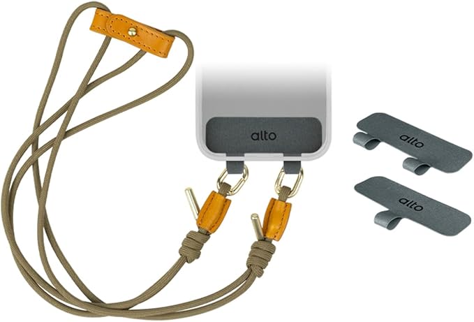 alto Crossbody Phone Lanyard: detachable patch, nylon strap with Italian leather pad, for iPhone and android full body phone cases (Caramel Brown)