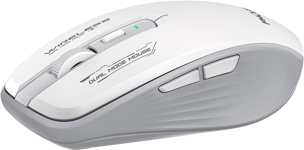 Wireless Mouse (Bluetooth & 2.4GHz USB) with Forward/Backward Side Keys, Silent Click, Ergonomic Portable AA Battery Mice for Laptop/Mac/iPad - Office & Travel Use, White & Grey
