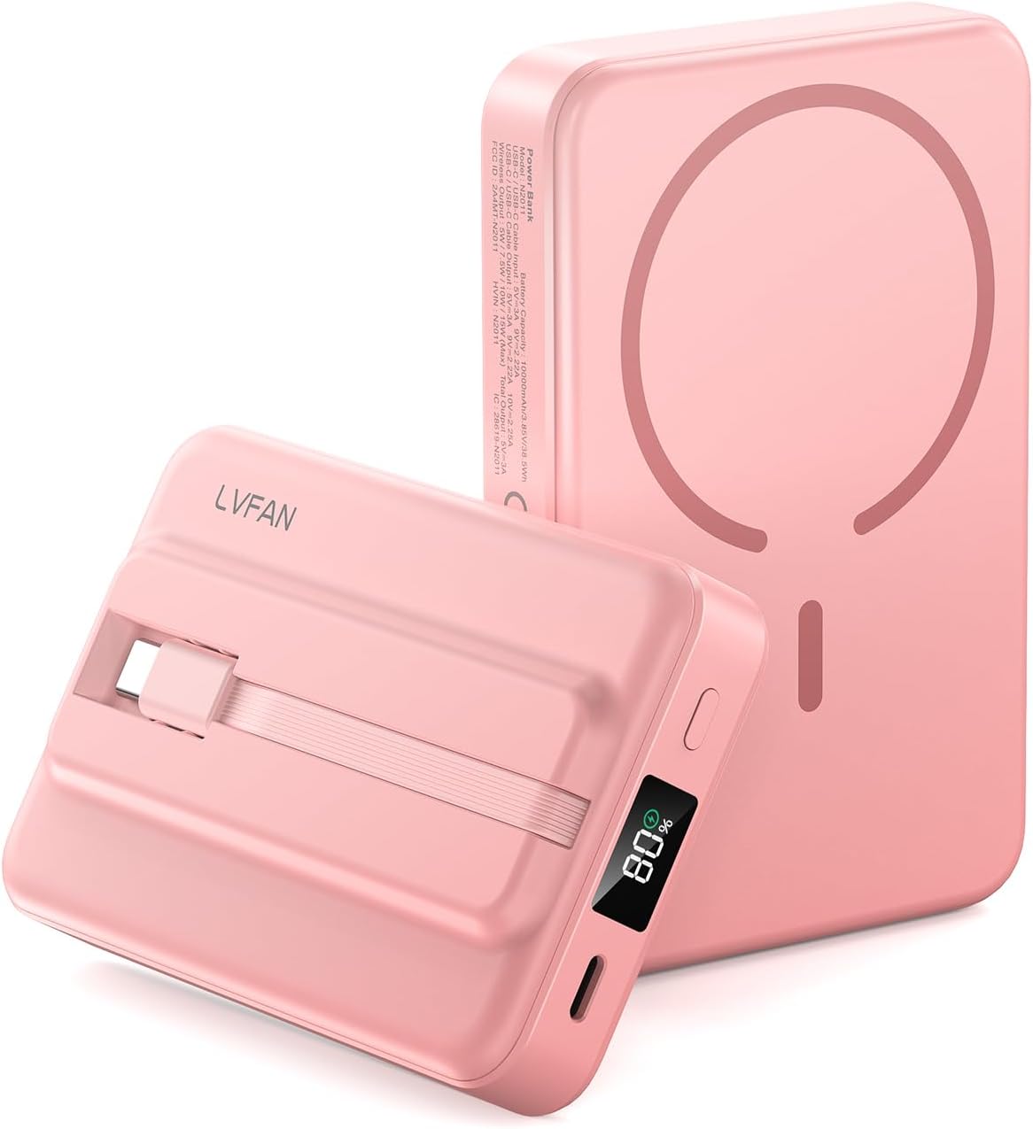 LVFAN for Magsafe Power Bank 10000mAh, Fast Charging Wireless Magnetic Portable Charger with Built-in USB C in&Out Cable, Travel LED Display Battery Pack for iPhone 17 16 15 14 13 12