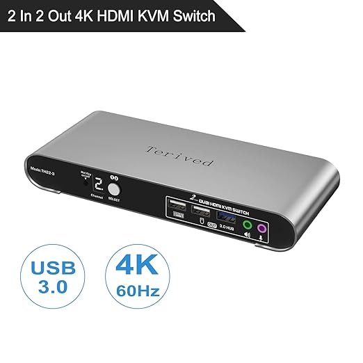 2 Computers 2 HDMI Monitors KVM Switch 4K@60Hz, Hotkey Switching, EDID, Audio and Microphone, Aluminum Alloy Shell,Digital Display, Dual Monitor USB 3.0 Hub, HDR10 with Cables
