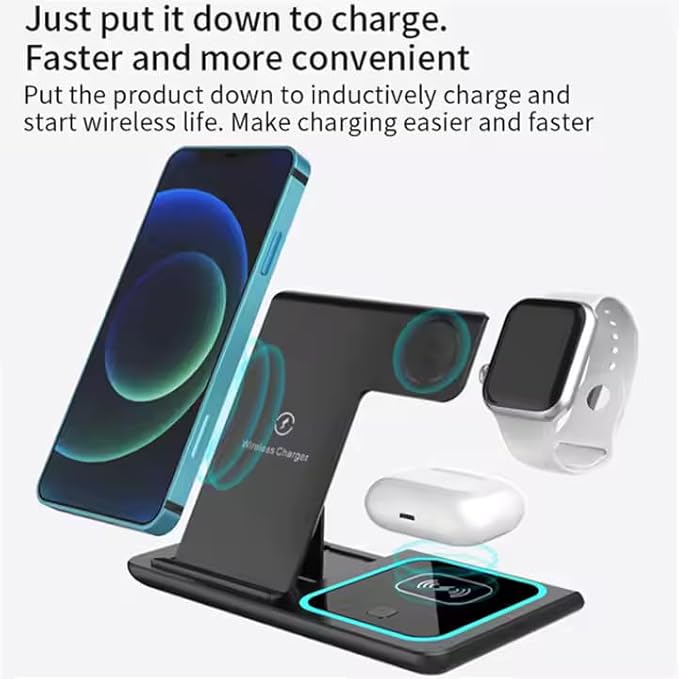 2025 Traveling Portable Wireless 3-in-1 Charger for iPhone 16/15/14/13/12/11, Apple Watch 10/9/8/7/6/5/4/3/2/SE/Ultra/Ultra 2, AirPods 2/3/4/Pro – Compact & Stylish Black Dock.