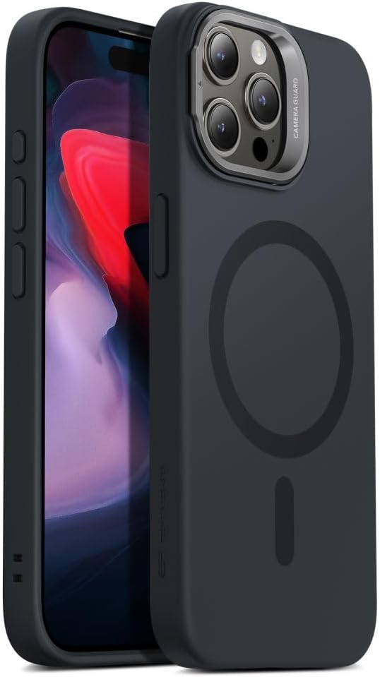 ESR for iPhone 15 Pro Max Case, MagSafe Silicone Case with Stand, Military-Grade Protection, Built-in Camera Stash Stand, Magnetic Phone Case for iPhone 15 Pro Max, Cloud Series, Black