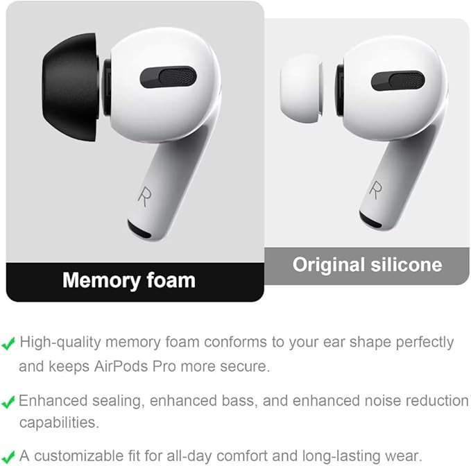 Lanwow Premium Memory Foam Tips for AirPods Pro & AirPods Pro 2nd Generation. No Silicone Eartips Pain. Anti-Slip Eartips. Fit in The Charging Case, 3 Pairs (Small, Black)