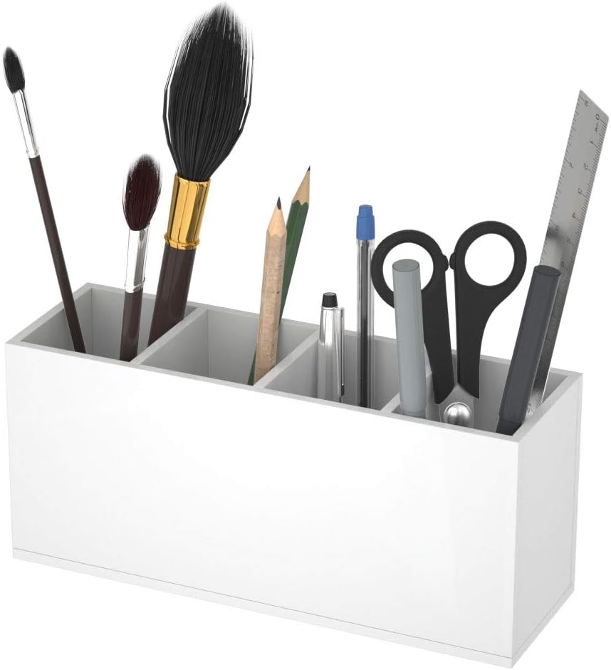 NIUBEE Acrylic Pen Holder 4 Compartments, White Pencil Organizer Cup for Countertop Desk Accessory Storage (White)