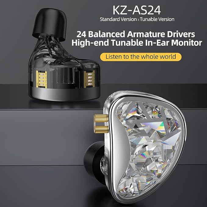 KZ AS24 in-Ear Monitor Headphone 24BA Drivers High-Performance IEM Earphones with 8 Tuning Switches, Noise Isolation Wired Earbuds for Musicians (Tuning Version,Black,no mic)