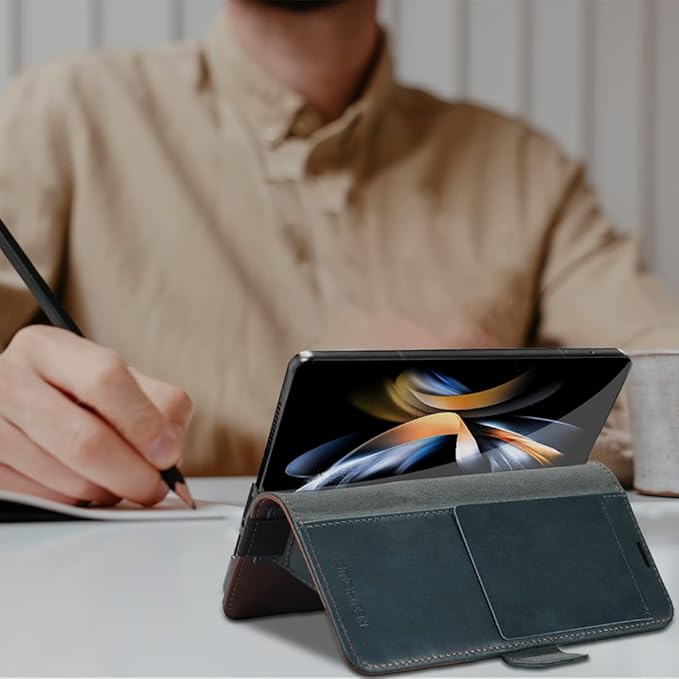 KEZiHOME for Samsung Galaxy Z Fold 4 Case, Genuine Leather Wallet Case [RFID Blocking] with Card Holder Flip Kickstand Magnetic Cover Compatible with Samsung Z Fold 4 5G (Navy Blue/Brown)