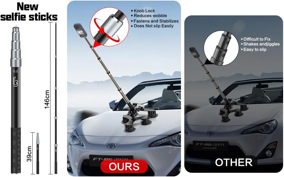 Suction Car Mount for Insta360 x5/X4/X3/X2/GO 3/ONE/GoPro Max-59 Lockable Anti-Fall Selfie Stick with 5 Suction Cups, 3-Person Car Camera Mount for 360° Action Vlog Cameras, DSLR (Indoor & Outdoor)