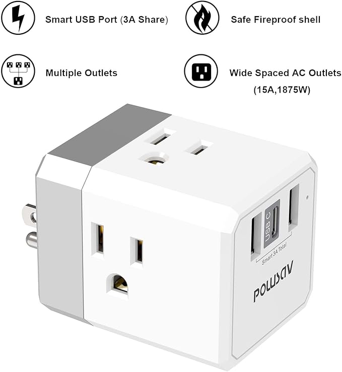 Cruise Ship Essentials, 3-Side Outlet Splitter with 3 USB Ports(1 USB C) USB Wall Charger, Outlet Extender for Home, Office and Cruise, ETL Listed, White