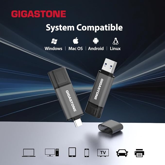 GIGASTONE 32GB Dual Flash Drive (2 Pack) Z40 USB 3.2 Gen 1, 2-in-1 Type-A & Type-C, 100MB/s Ultra Fast, Head Cap Design, Plug & Play for Smartphone/PC/Mac/TV/Car Audio, USB 2.0/3.0/3.1 Compatible