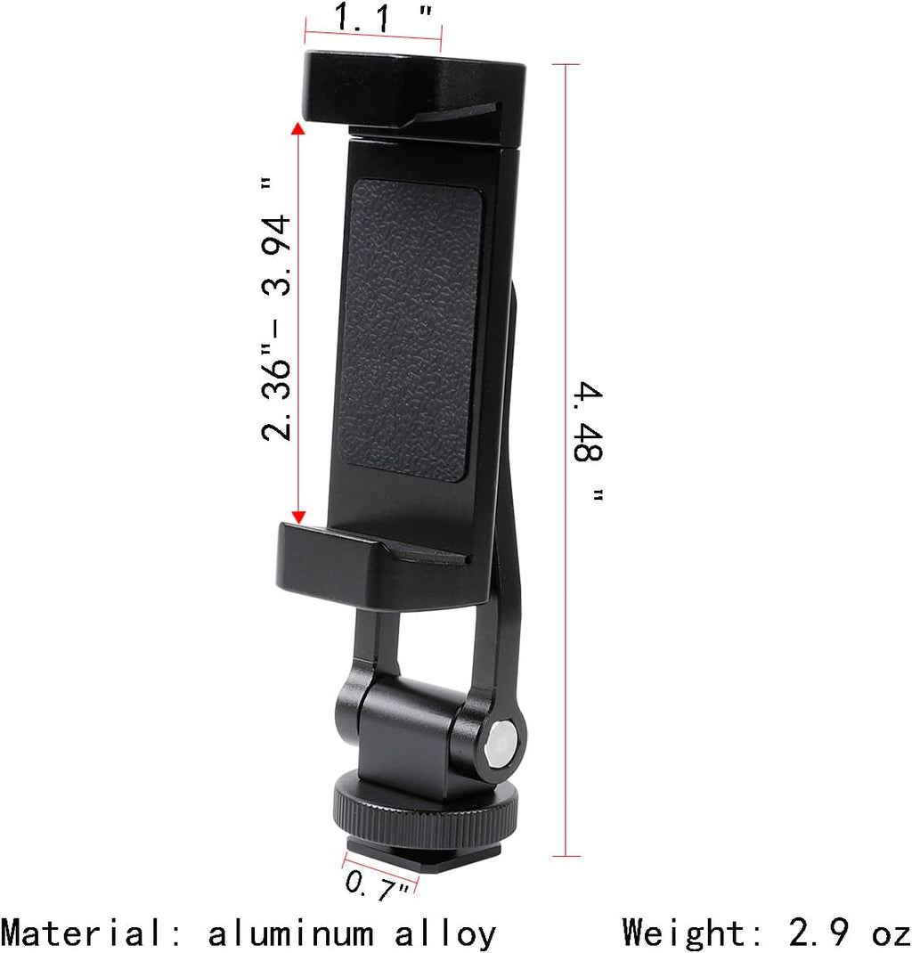 Aluminium Alloy Phone Tripod Mount, Universal Cell Phone Mount Adapter with 2 Cold Shoe Mount for Horizontal and Vertical Shooting, Compatible with iPhone, Pixel, Samsung Galaxy and All Phones