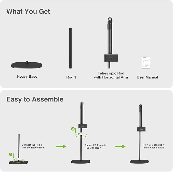 elitehood iPad Stand Floor, Height Adjustable Tablet Floor Stand with Heavy Base, 360° Rotatable Kinlde Holder for Reading in Bed, Fit 4.7''-13'' iPad mini Air Pro, Galaxy Tab, Kindle and Cell Phone