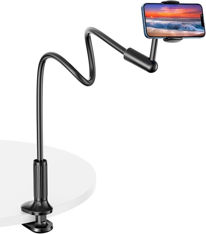 SAIJI Gooseneck Phone Holder for Bed, 360° Rotate Support Rod One-Hand Adjustable Cell Phone Stand, Compatible with All 4.7-7" Devices (Black)
