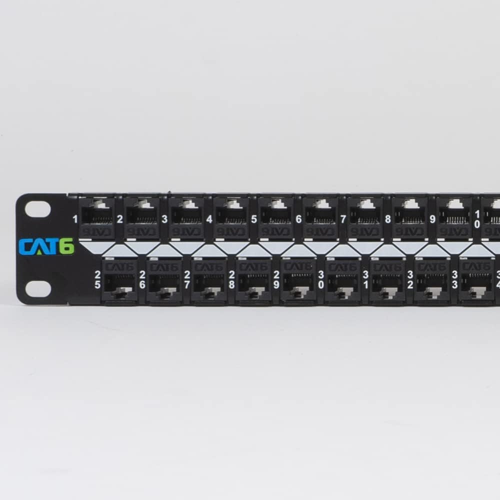 ICC CAT6 Feed-Through Patch Panel, 48 Port, 1U Rackmount, RJ45 Ethernet Patch Panel, No Punch Down, PoE++ and TAA Compliant, Black