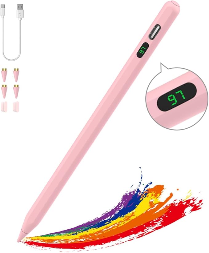 MoKo Stylus Pens for Touch Screens, Fast Charge Stylus Pen for Apple iPad/iPhone/Samsung/Lenovo/iOS/Android Tablets&Smart Phone Universal Stylus Capacitive Screen Pencil with Power Display, Pink