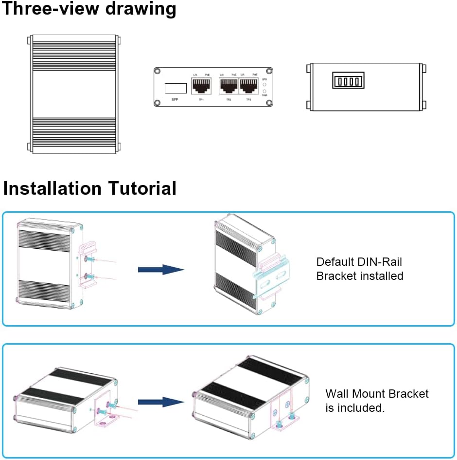 Mini Throncom 4 Ports Gigabit Industrial Fiber Ethernet Solar PoE Switch Hardened with 100/1000M Adaptive SFP Din Rail/Wall Mount VoIP/RV Truck Boost Voltage 9-58V to 48V Max 90W LNK-IMC103GP-SFP