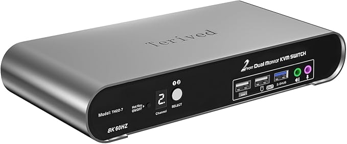 2 Computers 2 HDMI Monitor Automatic KVM Switch 8K@60Hz, Hotkey Switching, EDID, Support 5.1/7.1 Audio and Microphone, Aluminum Shell with Digital Display, USB 3.0 Hub, HDR10 with Cables