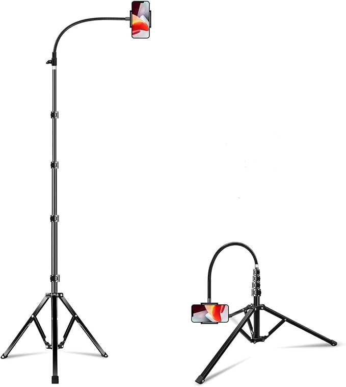 Elitehood 6.7 Feet Tall Phone Tripod, Heavy Duty Metal iPhone Tripod Stand with Remote, 17" Gooseneck Overhead Tripod for iPhone 15 14 13 Pro Max / 13 Pro / 13 12 11, Android Cell Phone Black