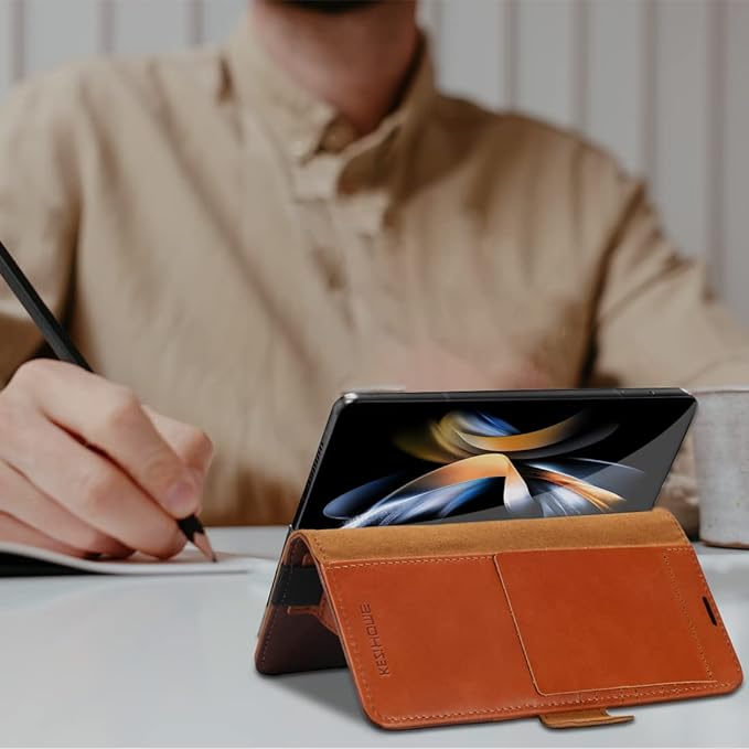 KEZiHOME Genuine Leather Wallet Case for Galaxy Z Fold 4 5G with Card Holder & Kickstand - RFID Blocking - Khaki/Brown