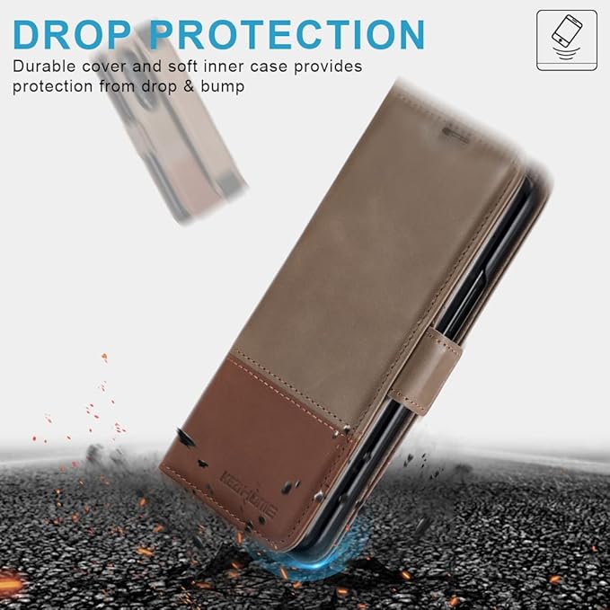 KEZiHOME Genuine Leather Wallet Case for Samsung Galaxy Z Fold 4 [RFID Blocking] with Card Holder Kickstand Book Flip Folio Case - Gray/Brown