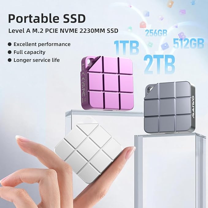 MAIWO 512GB Portable SSD External Solid State Drive Build-in M.2 2230 PCIe NVMe SSD, USB C 3.2 Up to 1050MB/s, Mini PSSD for iPhone 15/16 Pro Max MacBook Pro/Air, Aluminum (Silver)