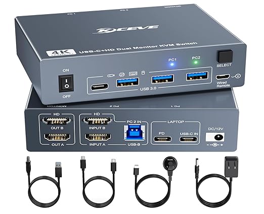 KVM Switch 2 Monitors for 1 Laptop and 1 Desktop 4K@60Hz, USB C HDMI Dual Monitor KVM Switch,Docking Station KVM Switches with 4 USB 3.0 Port, 80W PD Charging, Wired Remote and USB-C Cable Included