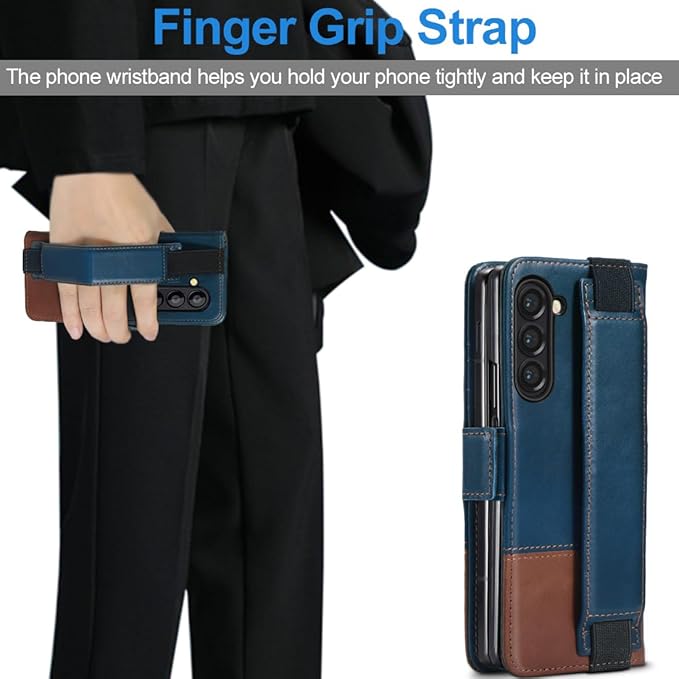 KEZiHOME for Samsung Galaxy Z Fold 6 Case, Genuine Leather Wallet Case [RFID Blocking] with Card Holder Stand Folio Protective Phone Cover Compatible with Galaxy Z Fold6 5G (Royal Blue/Brown)