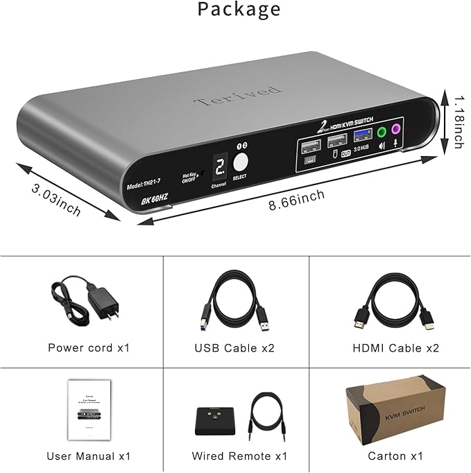 2 Computers 1 HDMI Monitor Automatic KVM Switch 8K@60Hz, Hotkey Switching, EDID, Support 5.1/7.1 Audio and Microphone, Aluminum Shell with Digital Display, USB 3.0 Hub, HDR10 with Cables