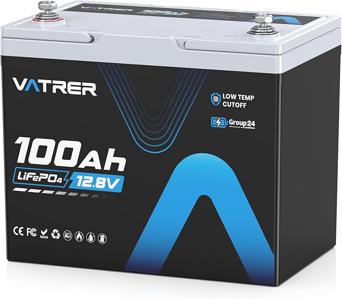 12.8V 100Ah Upgrade Group 24 Lithium LiFePO4 Battery, Built-in 100A BMS Rechargeable Battery, Low/High Temperature Cutoff Protection, Perfect for RV, Boat, Off-Grid, Solar Energy System, Backup Power