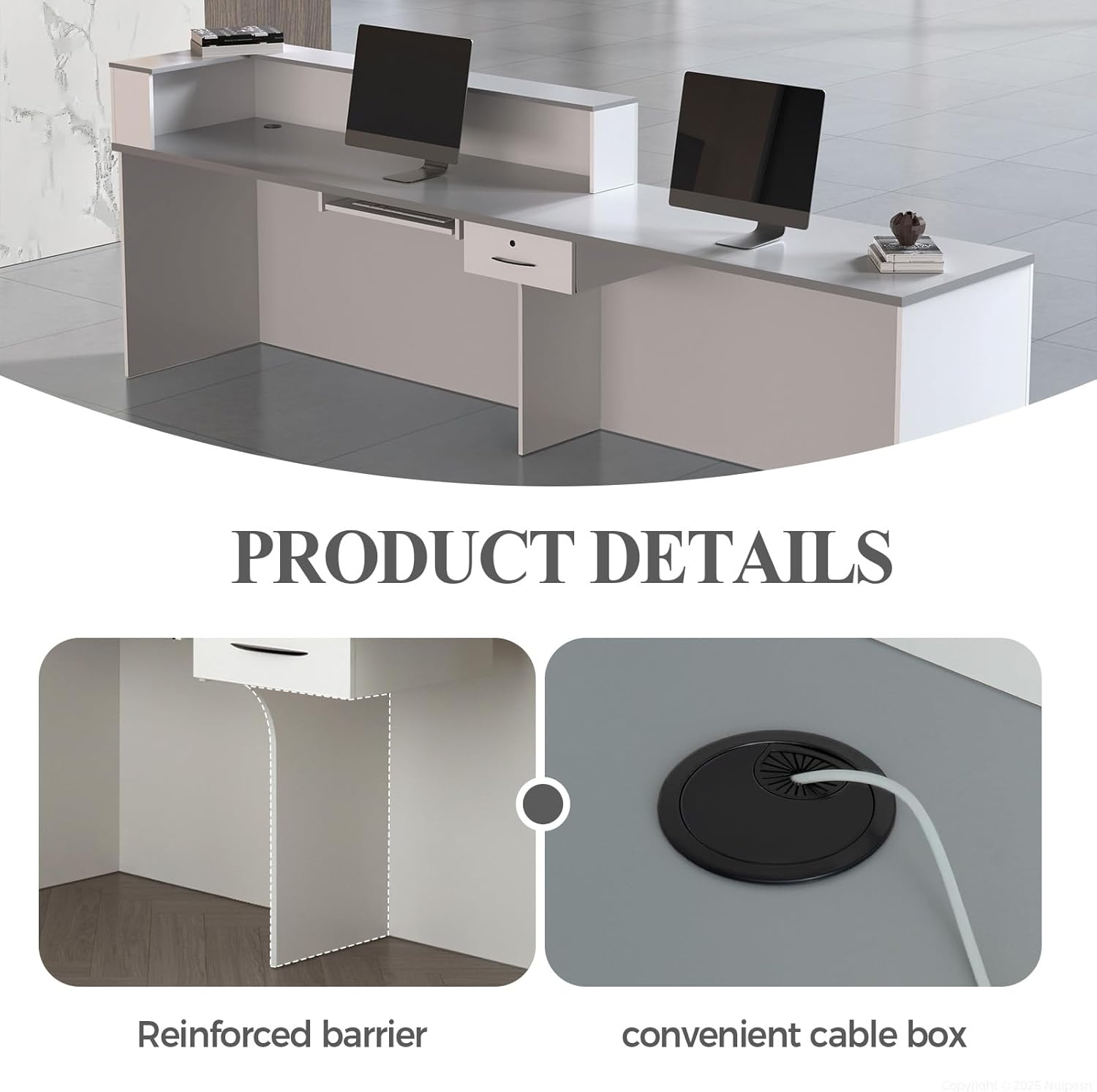 Reception Desk with Counter, Modern Front Desk Reception Counter with Keyboard Tray, Lockable Drawer and Storage Shelves for Office, Retail, Salon(White+Gray/Left, 63" L*24" W*39" H)