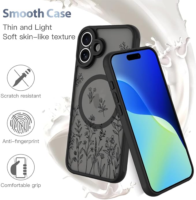 AIGOMARA Magnetic Case for iPhone 16 [Compatible with MagSafe] Cute Black Flower Floral for Women Girls Soft TPU Bumper Hard PC Back Anti-Fall Shockproof Protective Slim Cover