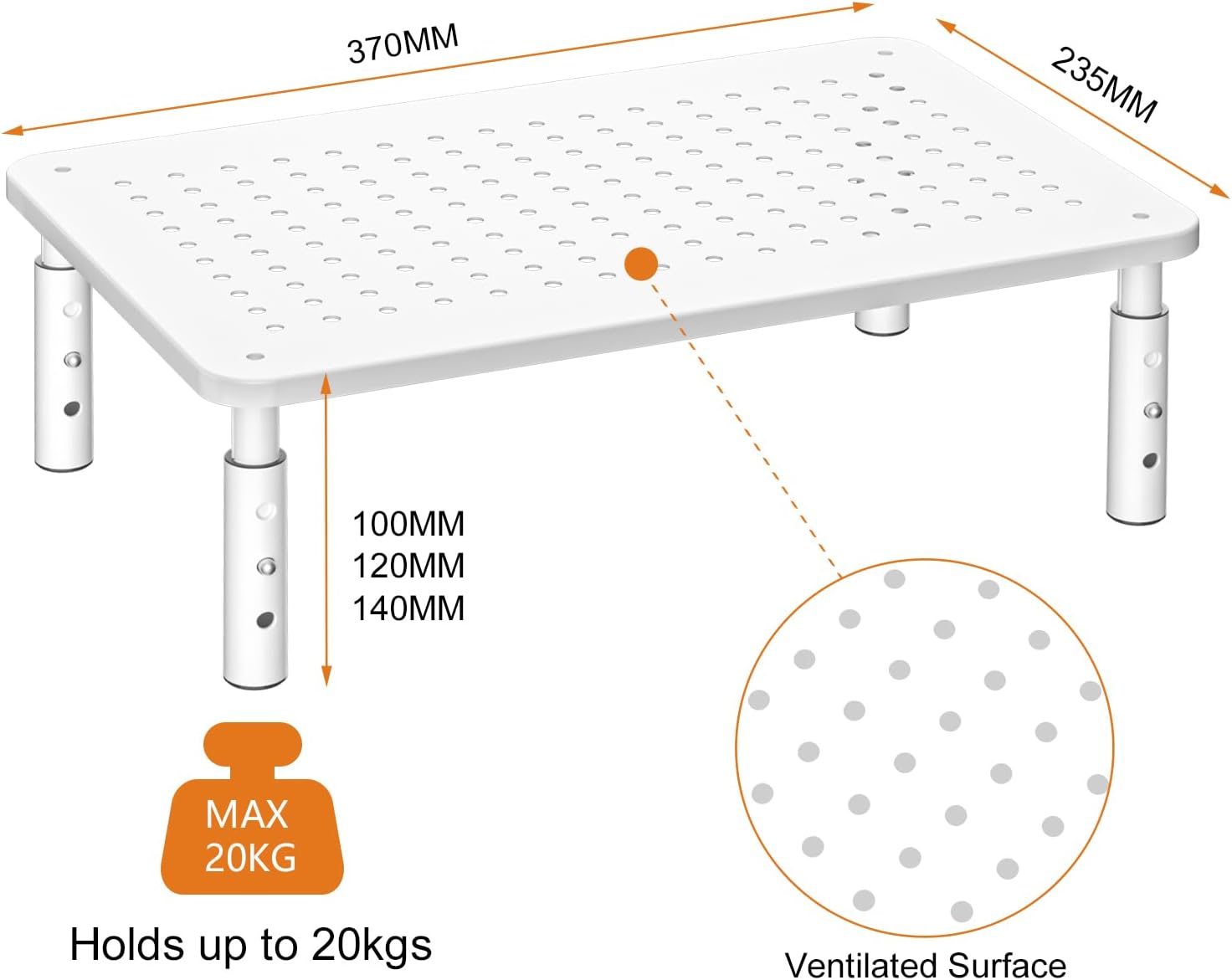 Bracwiser Monitor Stand Riser,3 Level Height Adjustable Desktop monitor stand for Computer, Laptop, Printer, Notebook with Vented Metal Platform 370X235MM 2 Packs,White