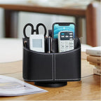 Leather 360° Spinning Remote Control Holder, Pencil Pen Holder for Desk Table Nightstand, TV Remote Caddy Organizer, Black Office Decor and Accessories, Storage Box for Phone,Media Player Controllers